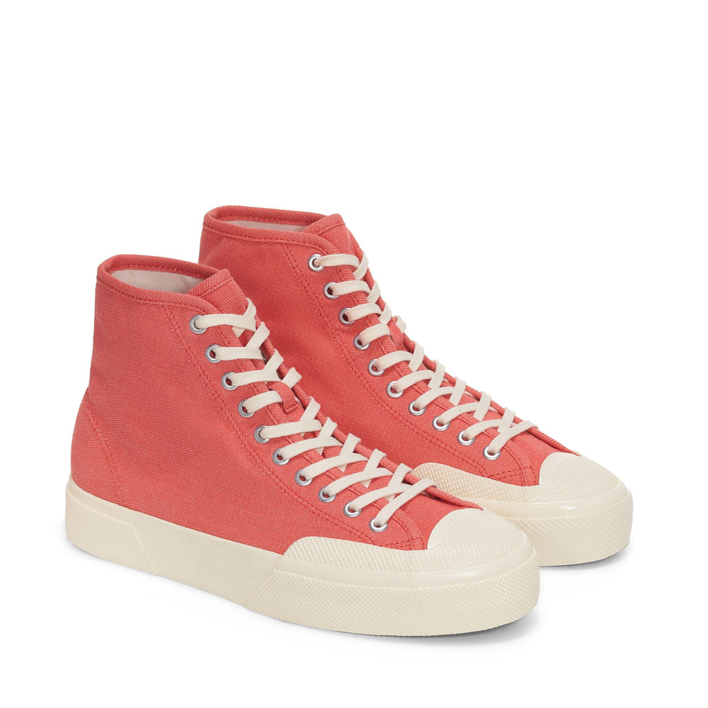 Rote Unisex-Sneaker mit hohem Schnitt und Obermaterial aus Denim 02